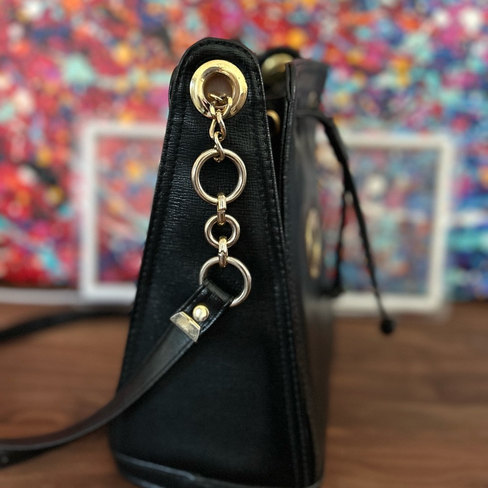 Small Black Crossbody Bag with Gold Accents and Drawstring Closure - Picture 2 of 11